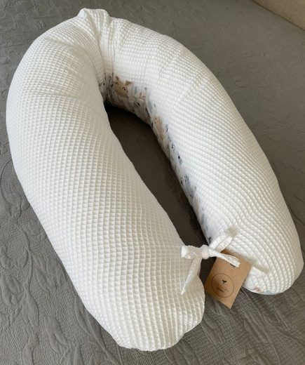 LOOLAY Stillkissen Waffelpique Seitenschläferkissen XXL Schwangerschaftskissen 170 cm Stillkissen + Bezug (Reißverschluss); Attmungsaktive WAFFEL + GLATT Baumwolle WEICH Stillkissen MUSTERN: HASE Beige/ GRAU, MINZE, WEIß, ROS Fabrikladen