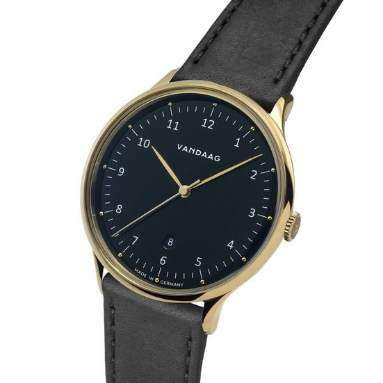 VANDAAG Quarzuhr Primus Gold-Schwarz Made in Germany, Saphirglas, 5 Bar wasserdicht, deutsches Leder mehr Lagerräumung