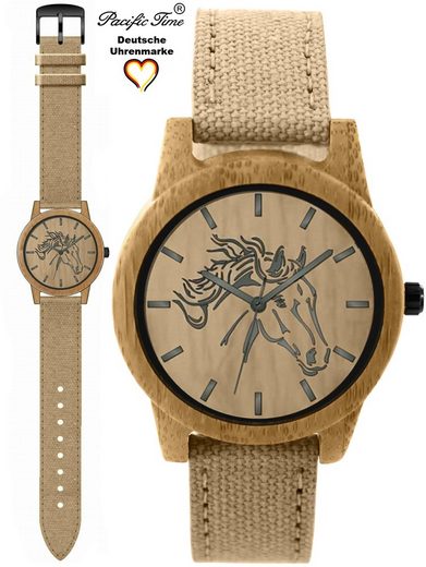 PACIFIC TIME Quarzuhr Damenuhr analog Pferd Holz Canvas Armband Gratis Versand mehr Sonderangebote