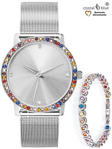 CRYSTAL BLUE Quarzuhr Damenuhr Mesh & Tennisarmband silber mit cubic Zirkonia Kristallen kostenlose Lieferung mehr Riesige Ersparnisse