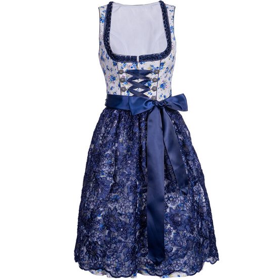 KELLIAR Dirndl Midi Trachtenkleid, ideal für Oktoberfest, Rocklänge 60 cm, Blau Florales Muster, Dekorative Schnürung mehr Limitierter Zeitrabatt