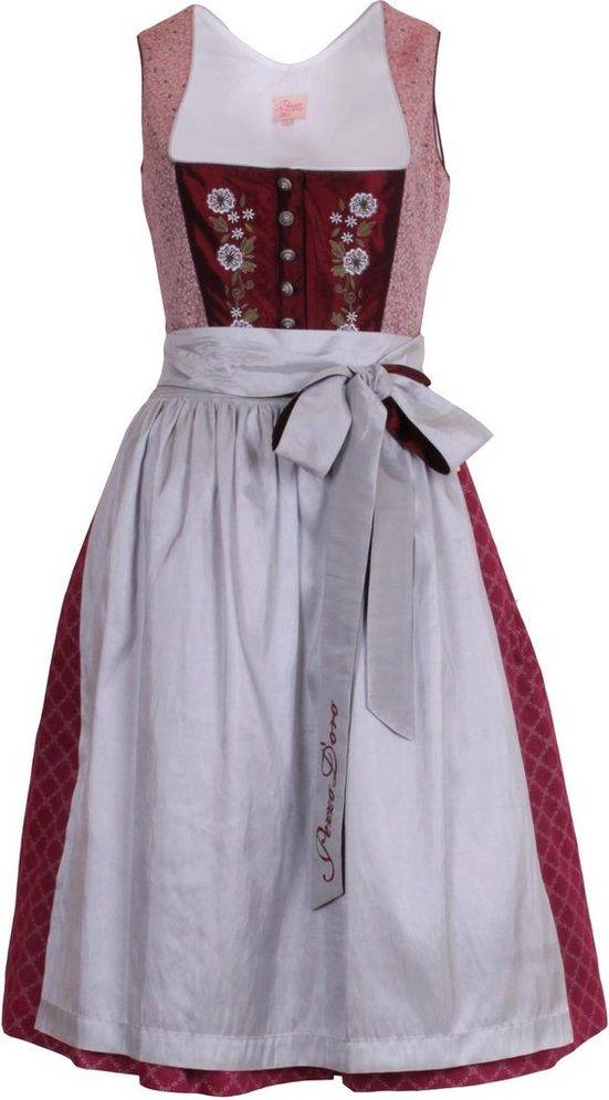 PEZZO D'ORO Dirndl Mididirndl dunkelrot/silbergrau bestickt,Länge 70cm (2-teilig Kleid mit Schürze) Knopfleiste mit verdecktem Zipper mehr Begrenztes Angebot