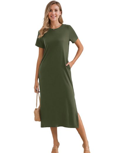 LUCKZON Sommerkleid Damen Maxikleid, geteilt, lässig, T-Shirt-Kleid mit Taschen Rundhalsausschnitt, kurze Ärmel, Sommerkleider mehr Neueste Mode