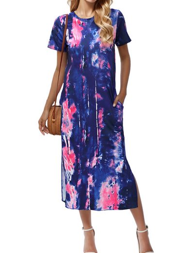 LUCKZON Sommerkleid Damen Maxikleid, geteilt, lässig, T-Shirt-Kleid mit Taschen Rundhalsausschnitt, kurze Ärmel, Sommerkleider mehr Neueste Mode