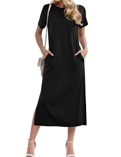 LUCKZON Sommerkleid Damen Maxikleid, geteilt, lässig, T-Shirt-Kleid mit Taschen Rundhalsausschnitt, kurze Ärmel, Sommerkleider mehr Neueste Mode