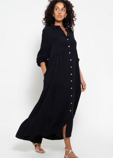 SASSYCLASSY Maxikleid Musselin Maxi Kleid mit Volants Baumwollleid mit Kragen, Knopfleiste und einem Gummizug am Ärmel mehr Tägliche Deals
