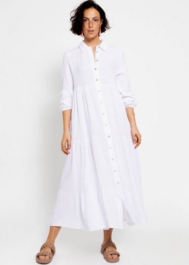 SASSYCLASSY Maxikleid Musselin Maxi Kleid mit Volants Baumwollleid mit Kragen, Knopfleiste und einem Gummizug am Ärmel mehr Tägliche Deals