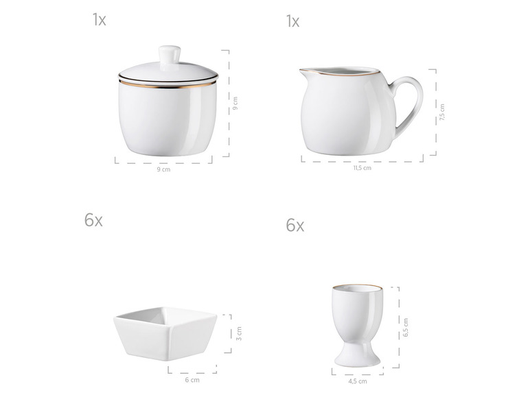 MÄSER Serie Professional Dining, Zubehör Set aus Müslischalen, Eierbechern, Schüsseln, Zuckerdose, Milchkännchen, Dipschälchen und Servierplatten, 24-teilig, Weiß mit Goldrand Speichern exportieren