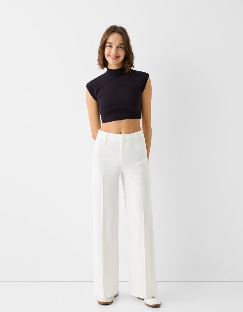 Bershka Bershka WIDE TAILORED - Trousers - white Begrenzte Freigabe