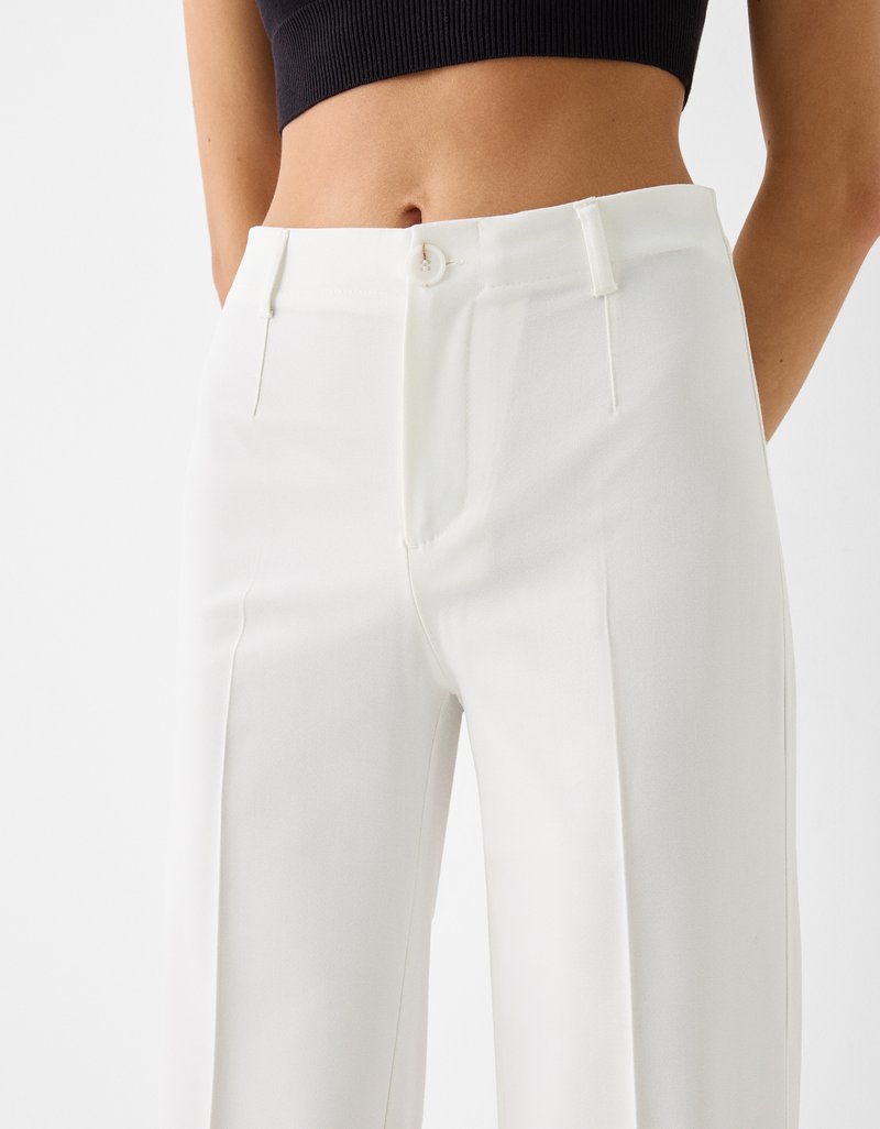 Bershka Bershka WIDE TAILORED - Trousers - white Begrenzte Freigabe