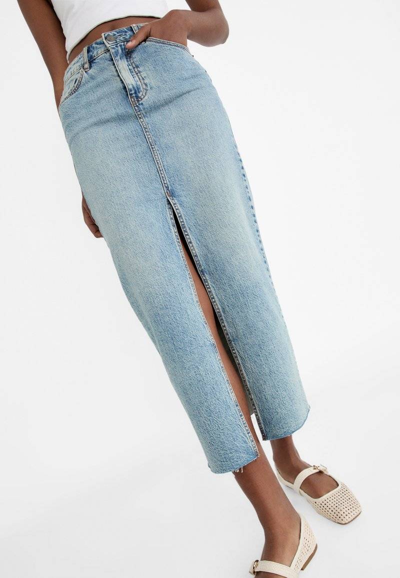 Stradivarius Stradivarius IM COMFORT-FIT - Maxi skirt - stone blue denim Lagerräumung